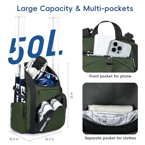 KAVIGOR Baseball Bag for Youth and Adult, Softball Bag 50L Large Capacity Holds 4 Bats, Equipment Backpack with Shoes Compartment - Image 2