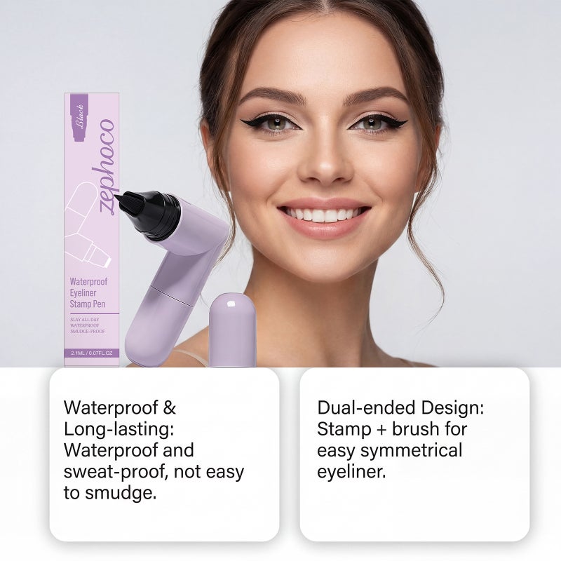 Zephoco Black Eyeliner Stamp Pen, Silky Smooth Strokes, Eye Makeup, Dual-Head Design, Stamp Eyeliner Pen - Image 3