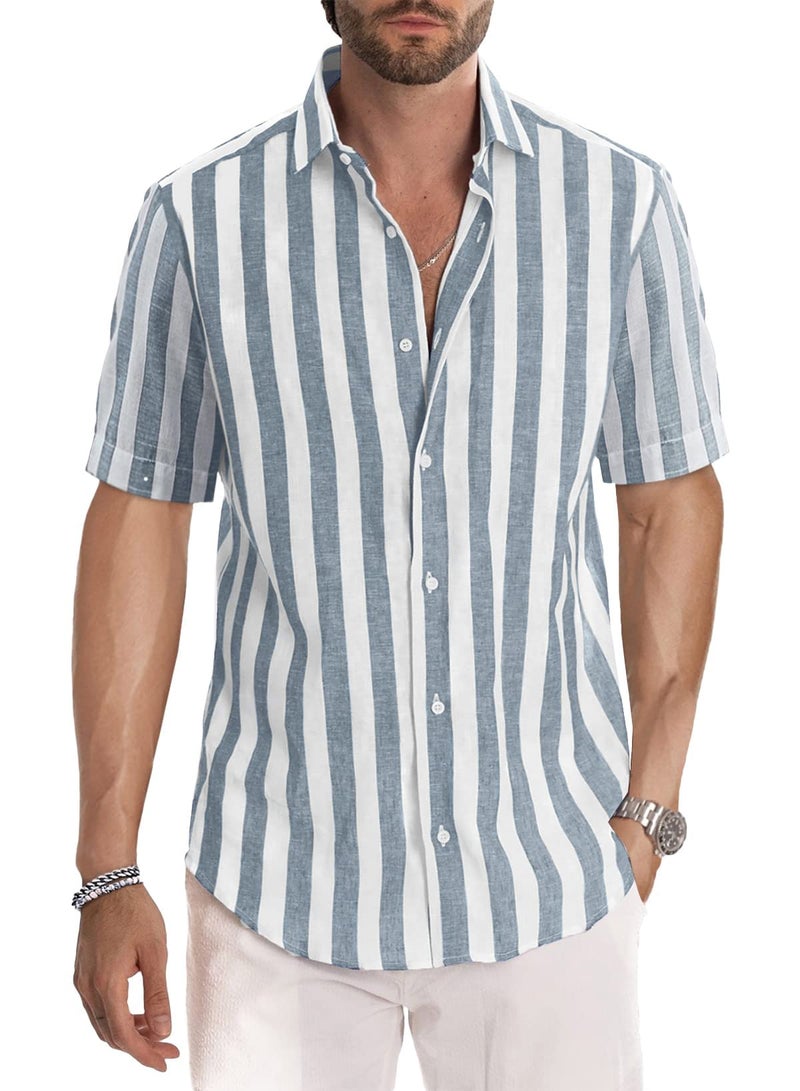 JMIERR Mens Summer Casual Stylish Short Sleeve Button-Up Shirts Cotton Linen Striped Business Dress Shirts Beach T Shirt, 2XL, Grey and White Stripe - Image 1