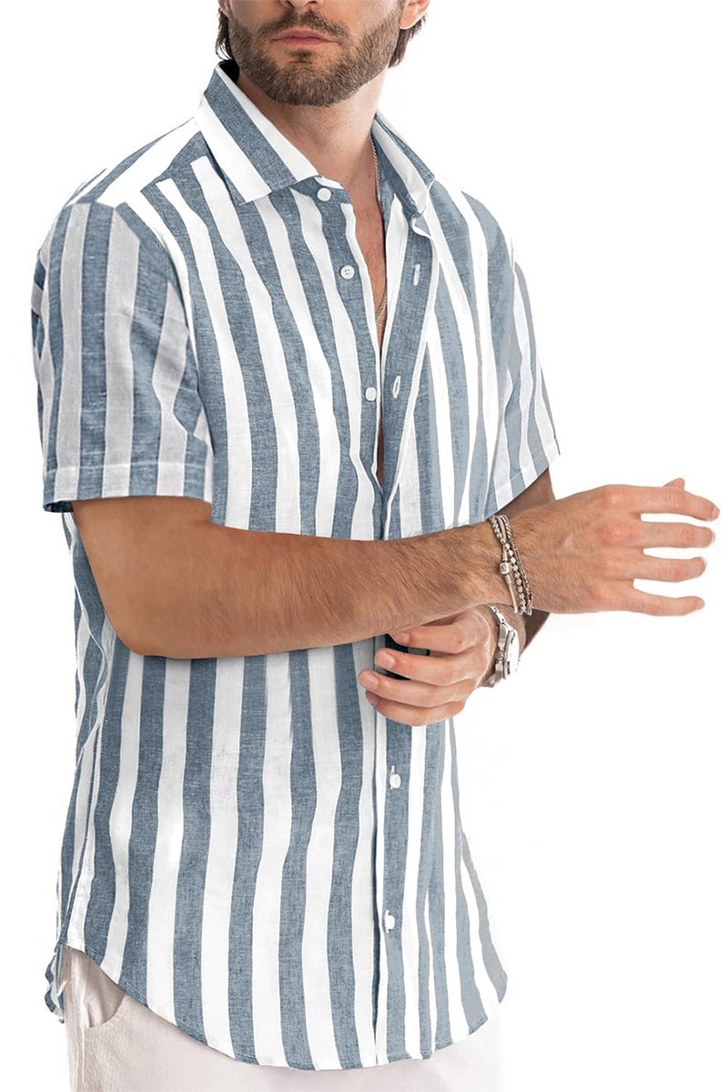 JMIERR Mens Summer Casual Stylish Short Sleeve Button-Up Shirts Cotton Linen Striped Business Dress Shirts Beach T Shirt, 2XL, Grey and White Stripe - Image 2