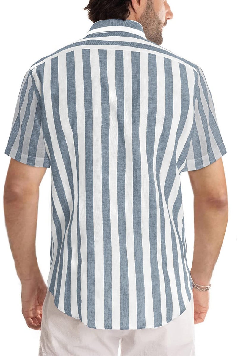 JMIERR Mens Summer Casual Stylish Short Sleeve Button-Up Shirts Cotton Linen Striped Business Dress Shirts Beach T Shirt, 2XL, Grey and White Stripe - Image 3
