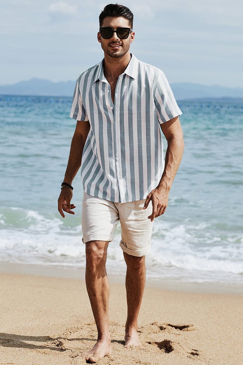 JMIERR Mens Summer Casual Stylish Short Sleeve Button-Up Shirts Cotton Linen Striped Business Dress Shirts Beach T Shirt, 2XL, Grey and White Stripe - Image 4