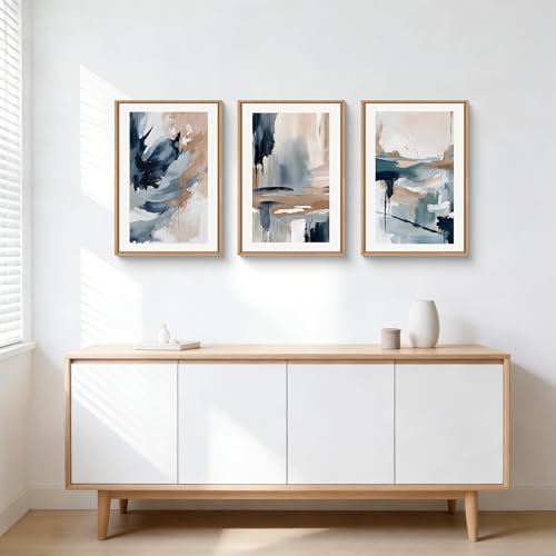 Aryroi Abstract Navy Blue Framed Canvas Wall Art Set,Neutral Brush Stroke Wall Decor,Watercolor Pastel Brown Artwork,Modern Minimalist Color Block Art Print For Living Room,Bedroom,Office-16 x24 x3 - Image 3