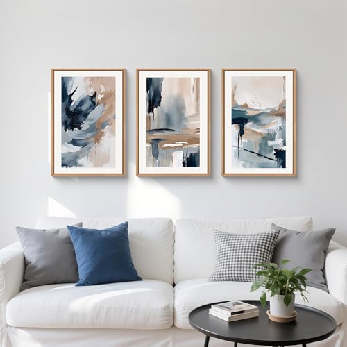 Aryroi Abstract Navy Blue Framed Canvas Wall Art Set,Neutral Brush Stroke Wall Decor,Watercolor Pastel Brown Artwork,Modern Minimalist Color Block Art Print For Living Room,Bedroom,Office-16 x24 x3 - Image 2