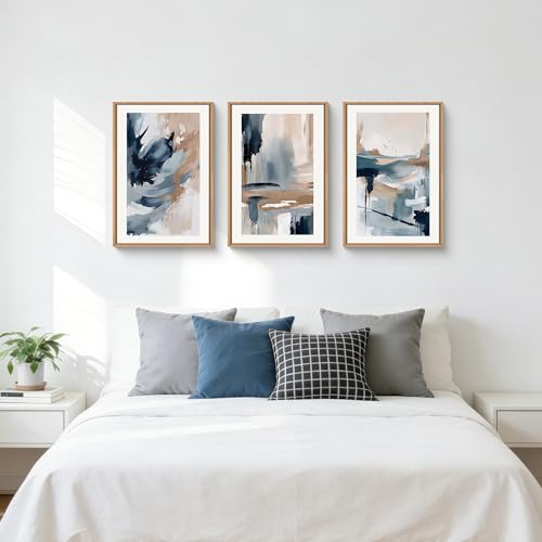 Aryroi Abstract Navy Blue Framed Canvas Wall Art Set,Neutral Brush Stroke Wall Decor,Watercolor Pastel Brown Artwork,Modern Minimalist Color Block Art Print For Living Room,Bedroom,Office-16 x24 x3 - Image 5