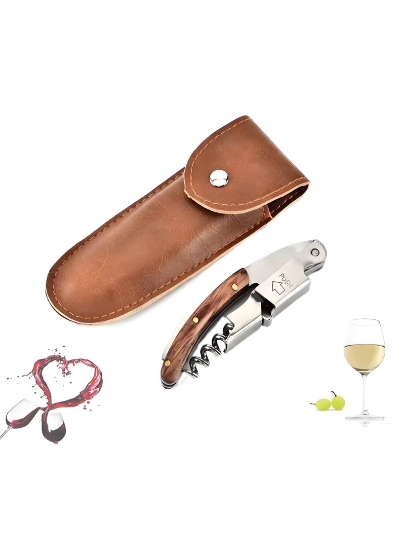Lee Yon Wine Opener, with Leather Pouch, Wood Handle Double-Hinged Stainless, Steel Screw Beer Bottle Corkscrew - Image 1