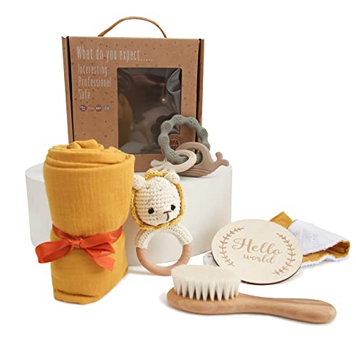 EERKEOD Baby Boy Gift Set New Born Shower Gifts, Baby Essentials Basket Stuffers Baby Bath Set with Muslin Baby Blanket, Teething Toys, Drool Towel, Wood Brush & Rattle, Newborn Welcome Baby Gift Box Set - Image 1
