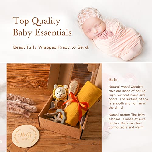 EERKEOD Baby Boy Gift Set New Born Shower Gifts, Baby Essentials Basket Stuffers Baby Bath Set with Muslin Baby Blanket, Teething Toys, Drool Towel, Wood Brush & Rattle, Newborn Welcome Baby Gift Box Set - Image 4