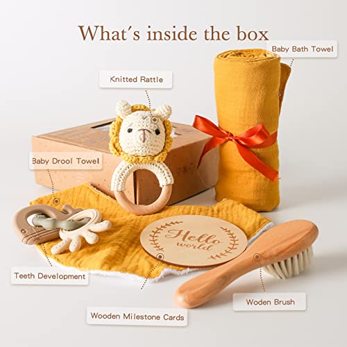 EERKEOD Baby Boy Gift Set New Born Shower Gifts, Baby Essentials Basket Stuffers Baby Bath Set with Muslin Baby Blanket, Teething Toys, Drool Towel, Wood Brush & Rattle, Newborn Welcome Baby Gift Box Set - Image 2