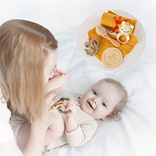 EERKEOD Baby Boy Gift Set New Born Shower Gifts, Baby Essentials Basket Stuffers Baby Bath Set with Muslin Baby Blanket, Teething Toys, Drool Towel, Wood Brush & Rattle, Newborn Welcome Baby Gift Box Set - Image 3