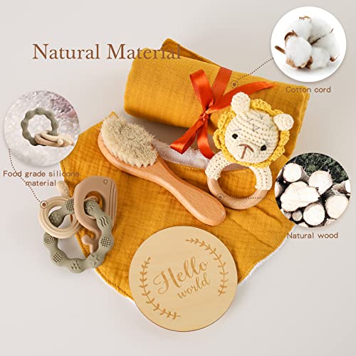 EERKEOD Baby Boy Gift Set New Born Shower Gifts, Baby Essentials Basket Stuffers Baby Bath Set with Muslin Baby Blanket, Teething Toys, Drool Towel, Wood Brush & Rattle, Newborn Welcome Baby Gift Box Set - Image 5
