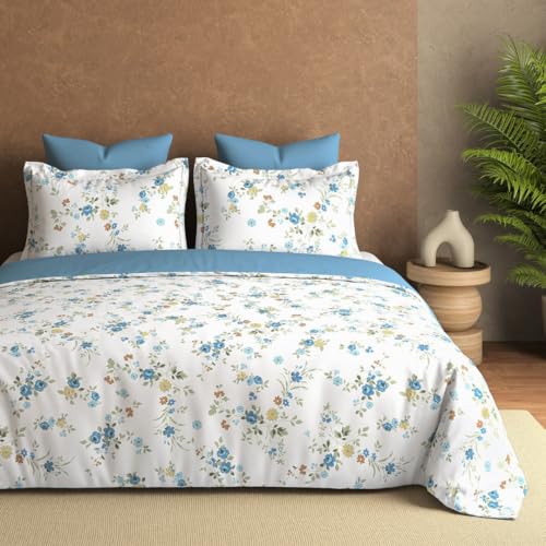 Plumora Cotton King Size Bedsheet 108x108 Super King, 100% Pure Cotton Bed Sheet with 2 Pillow Covers, 300 TC Soft Breathable Floral Design Bedding - (Blue, Serene Bloom) - Image 5