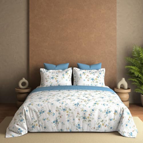 Plumora Cotton King Size Bedsheet 108x108 Super King, 100% Pure Cotton Bed Sheet with 2 Pillow Covers, 300 TC Soft Breathable Floral Design Bedding - (Blue, Serene Bloom) - Image 1