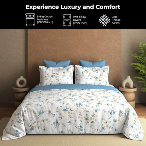 Plumora Cotton King Size Bedsheet 108x108 Super King, 100% Pure Cotton Bed Sheet with 2 Pillow Covers, 300 TC Soft Breathable Floral Design Bedding - (Blue, Serene Bloom) - Image 2