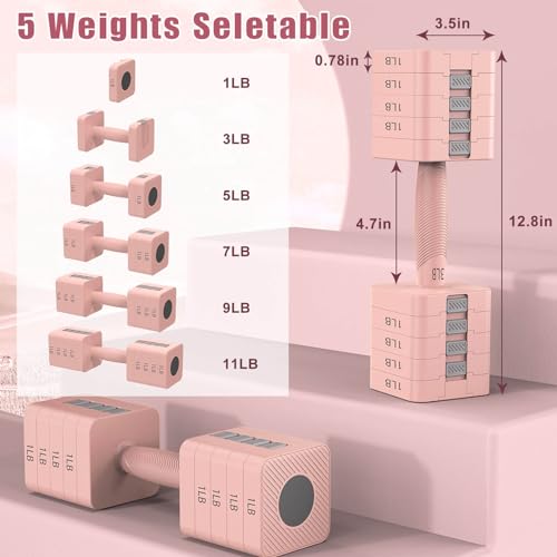 RINREA Adjustable Dumbbells Set of 2, 5-in-1 Adjustable Weight Dumbbells for Women/Men, 3lb/5lb/7lb/9lb/11lb Dumbbell Weights Set for Home Gym Workout (Pink) - Image 2