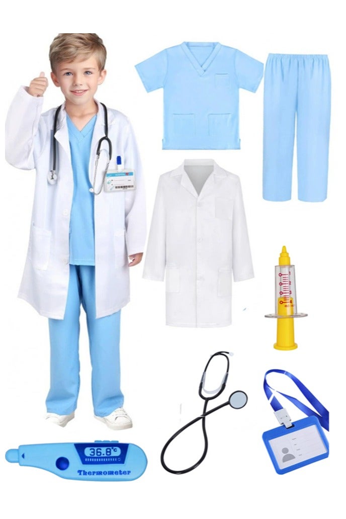 Al Aoyama Kids Doctor Play Set with Stethoscope, Toy Thermometer & Syringe - Classic White Coat, Nurse Dress & Surgical Scrubs + ID Badge for 2-15 Years Old Pretend Play Career Costume - Image 1