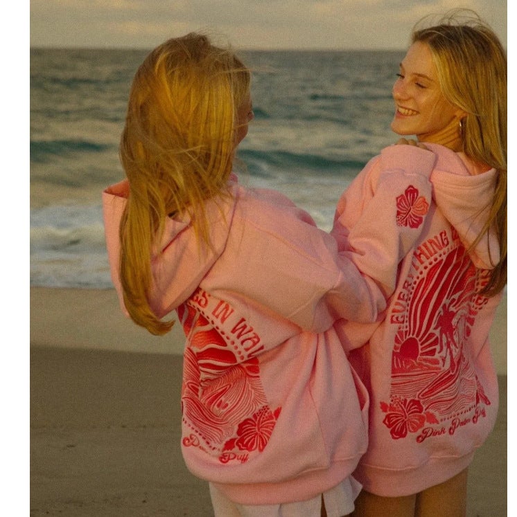Correct version of foreign trade trendy brand Amazon cross-border EVERYTHING COMESIN WAVES hoodie sweater TK8 pink—with hat rope