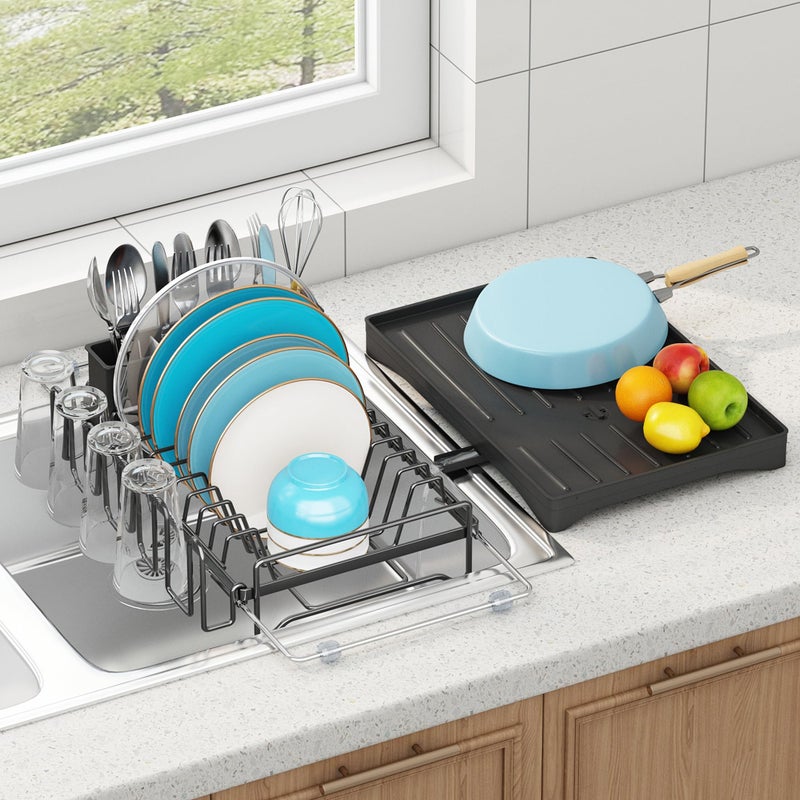 ANTOPY Dish Drying Rack in Sink, Expandable Rustproof Dish Rack for Kitchen Counter, Over The Sink Dish Drainer with Utensil Holder, Cup Rack, Drainboard, Space Saving Dish Dryer Rack for Inside Sink - Image 1