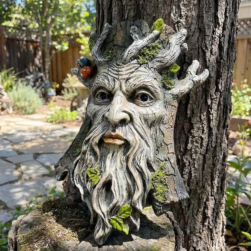 Euiroet 10" Whimsical Tree Face Sculpture, Garden Peeker Statue, Outdoor Trunk Tree Huggers Art, Landscape Accent Ornament, Hanging Fairy Elve Figurine for Yard Art, Trees Decor Wall Mounted Statues - Image 1