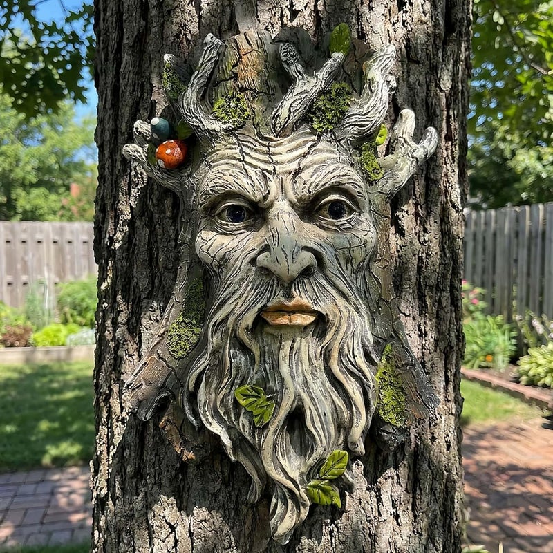 Euiroet 10" Whimsical Tree Face Sculpture, Garden Peeker Statue, Outdoor Trunk Tree Huggers Art, Landscape Accent Ornament, Hanging Fairy Elve Figurine for Yard Art, Trees Decor Wall Mounted Statues - Image 2