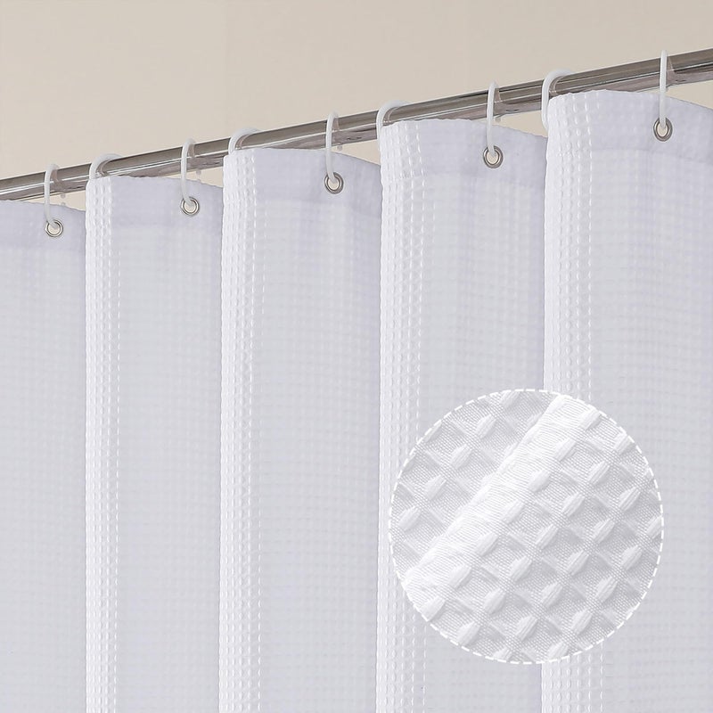 OVZME Extra Long White Shower Curtain Set- 96 Inch Long Waffle Weave Heavy Duty Fabric Shower Curtains for Bathroom  Luxury Heavy Duty Thick Cloth Shower Curtain with 12 Plastic Hooks  72x96  White - Image 1