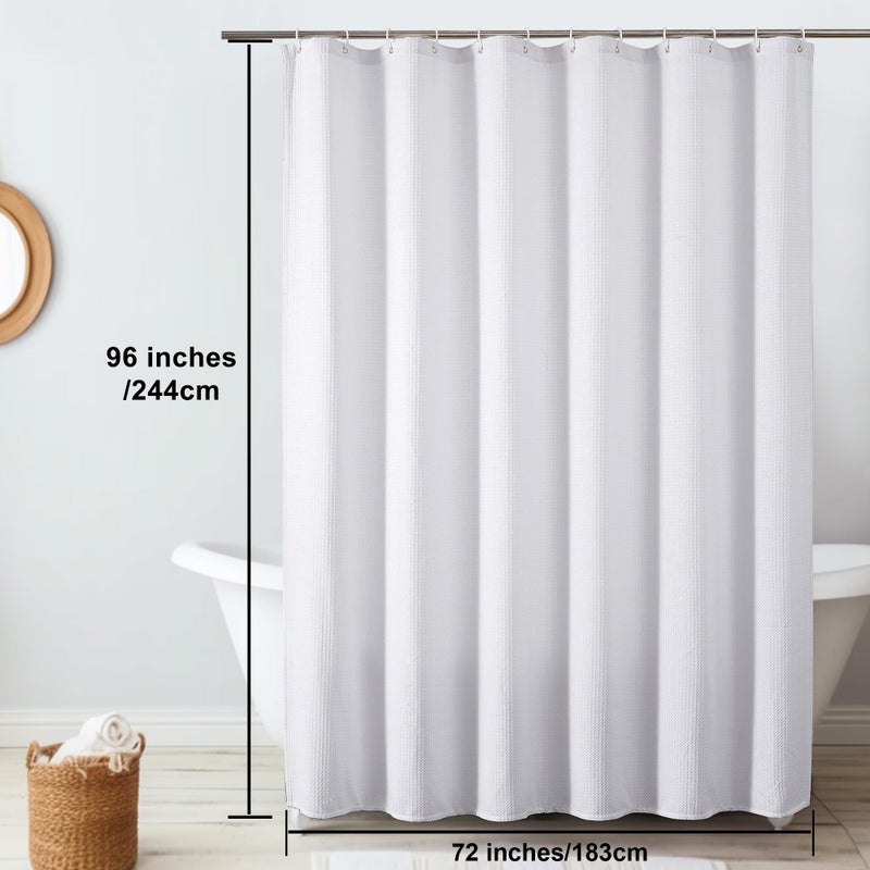OVZME Extra Long White Shower Curtain Set- 96 Inch Long Waffle Weave Heavy Duty Fabric Shower Curtains for Bathroom  Luxury Heavy Duty Thick Cloth Shower Curtain with 12 Plastic Hooks  72x96  White - Image 2