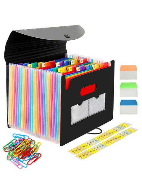 Expanding File Folder, 24 Pocket Accordion File Organizer A4 Letter Size Portable Document Organizer with Colored Tabs and Paper Clips , Accordian File folders Expandable Bill Coupon Folder - Black