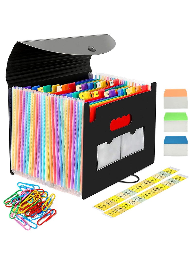 HomarKet Expanding File Folder, 24 Pocket Accordion File Organizer A4 Letter Size Portable Document Organizer with Colored Tabs and Paper Clips , Accordian File folders Expandable Bill Coupon Folder - Black  - Image 1
