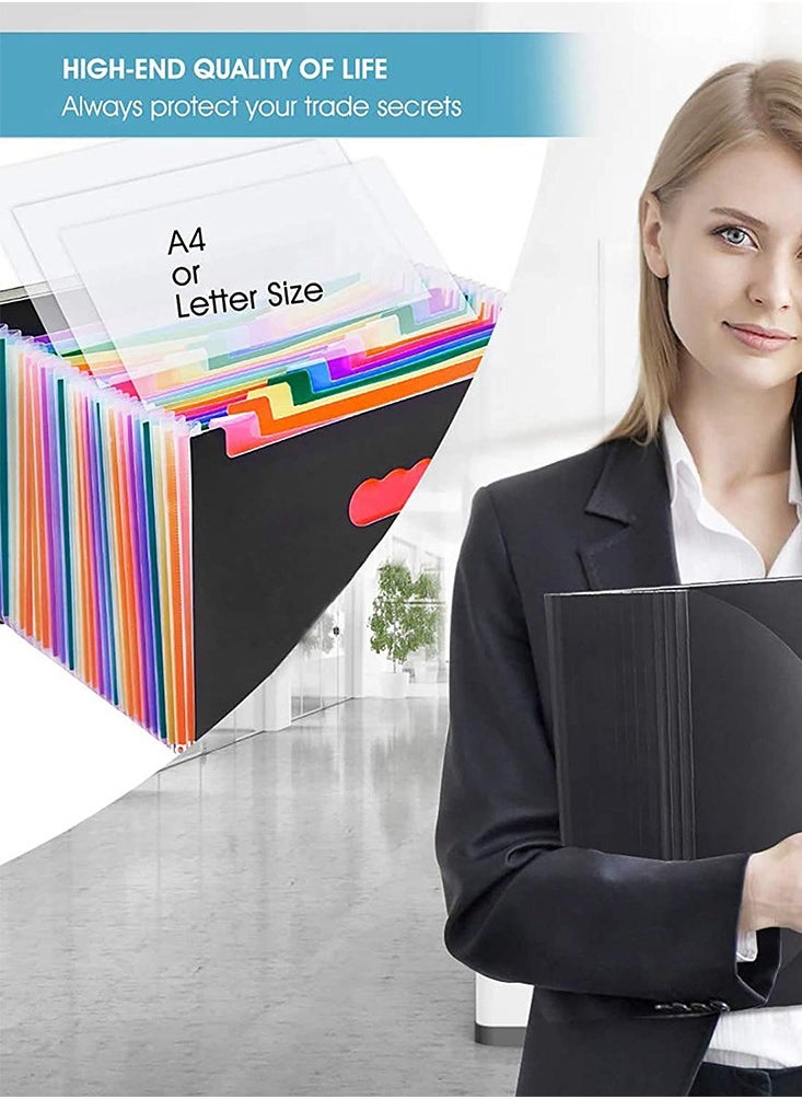 Expanding File Folder, 24 Pocket Accordion File Organizer A4 Letter Size Portable Document Organizer with Colored Tabs and Paper Clips , Accordian File folders Expandable Bill Coupon Folder - Black