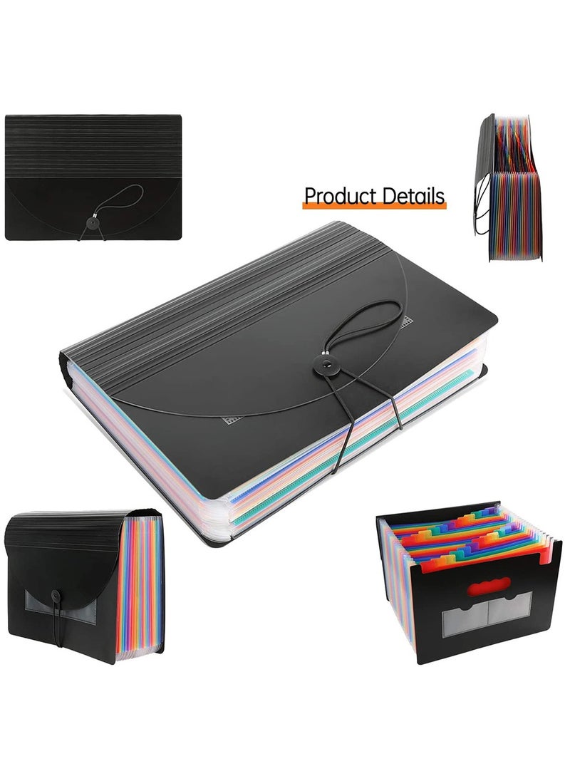 Expanding File Folder, 24 Pocket Accordion File Organizer A4 Letter Size Portable Document Organizer with Colored Tabs and Paper Clips , Accordian File folders Expandable Bill Coupon Folder - Black