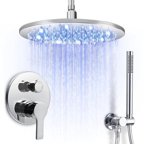 SKOWLL Shower Faucet Set Ceiling Mount 12 Inch LED Rain Shower Head with Handheld Single Handle Round Roughin Shower Valve Kit Brass 3 Color Changing Showerhead Polished Chrome - Image 1