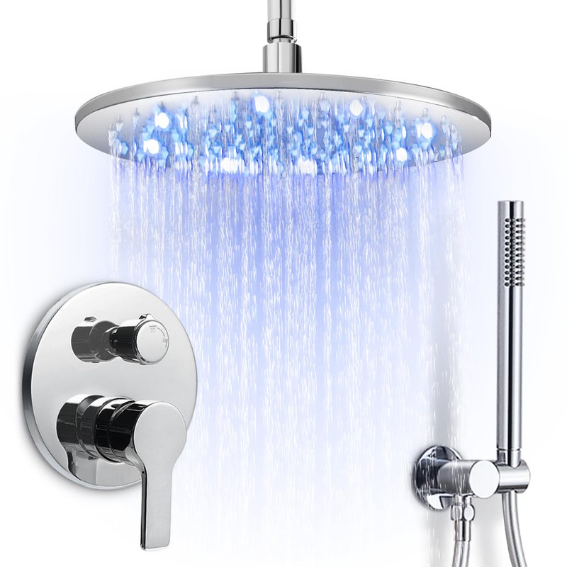 SKOWLL Shower Faucet Set Ceiling Mount 12 Inch LED Rain Shower Head with Handheld Single Handle Round Roughin Shower Valve Kit Brass 3 Color Changing Showerhead Polished Chrome - Image 2