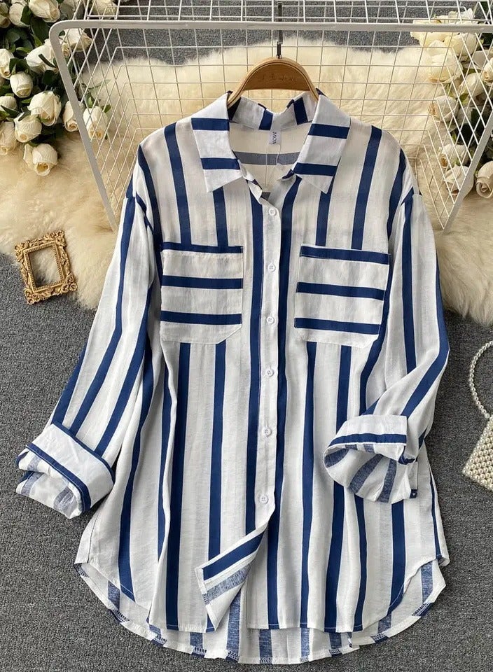 Loquat Women's Striped Button Down Shirts Casual Long Sleeve Stylish Blouses Tops with Pockets Blue Stripes 