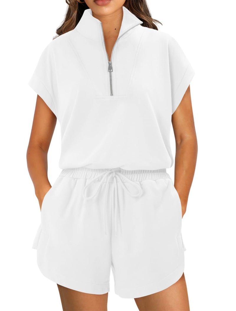 KISSMODA Two Piece Sets for Women Sweatsuit Half Zip Casual Tracksuits Short Sleeve Pullover Tops and Shorts 2026 Lounge Outfits White Medium - Image 1