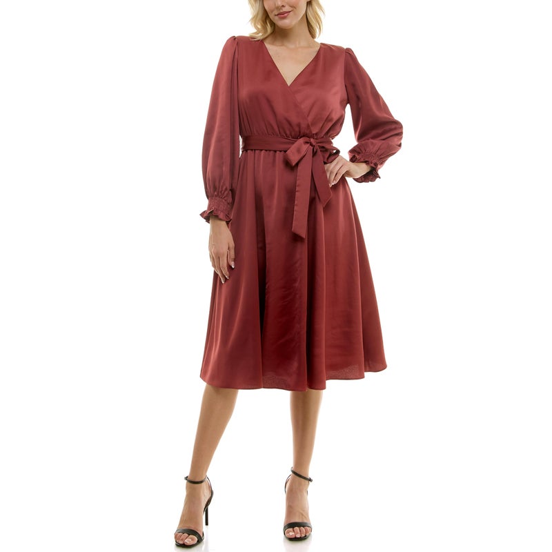 Taylor Women's Long Sleeve Satin Faux Wrap Midi Dress with Sash, Fawn - Image 3