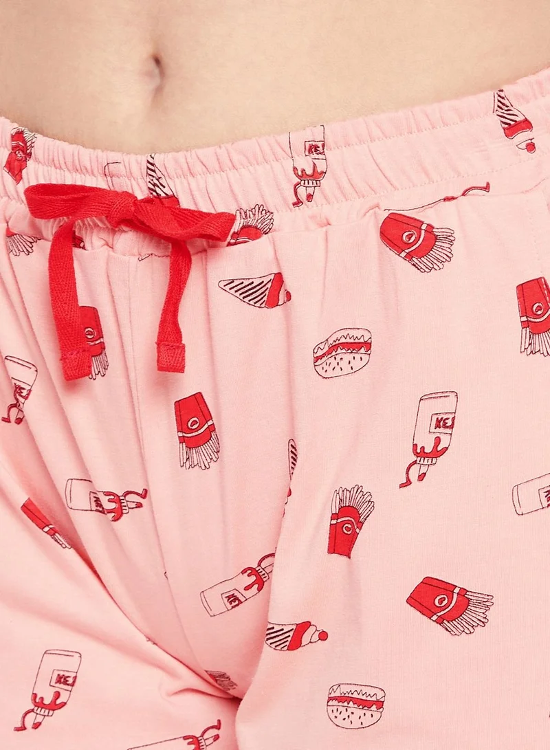 Clovia  Clovia Print Me Pretty Button Me Up Shirt And Shorts Set In Salmon Pink - 100% Cotton  | Best Price UAE