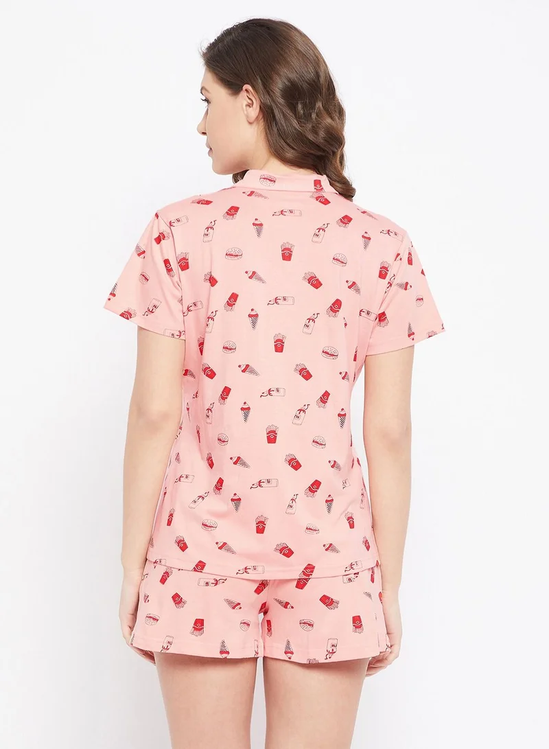 Clovia  Clovia Print Me Pretty Button Me Up Shirt And Shorts Set In Salmon Pink - 100% Cotton  | Best Price UAE