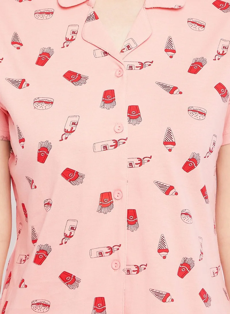 Clovia  Clovia Print Me Pretty Button Me Up Shirt And Shorts Set In Salmon Pink - 100% Cotton  | Best Price UAE