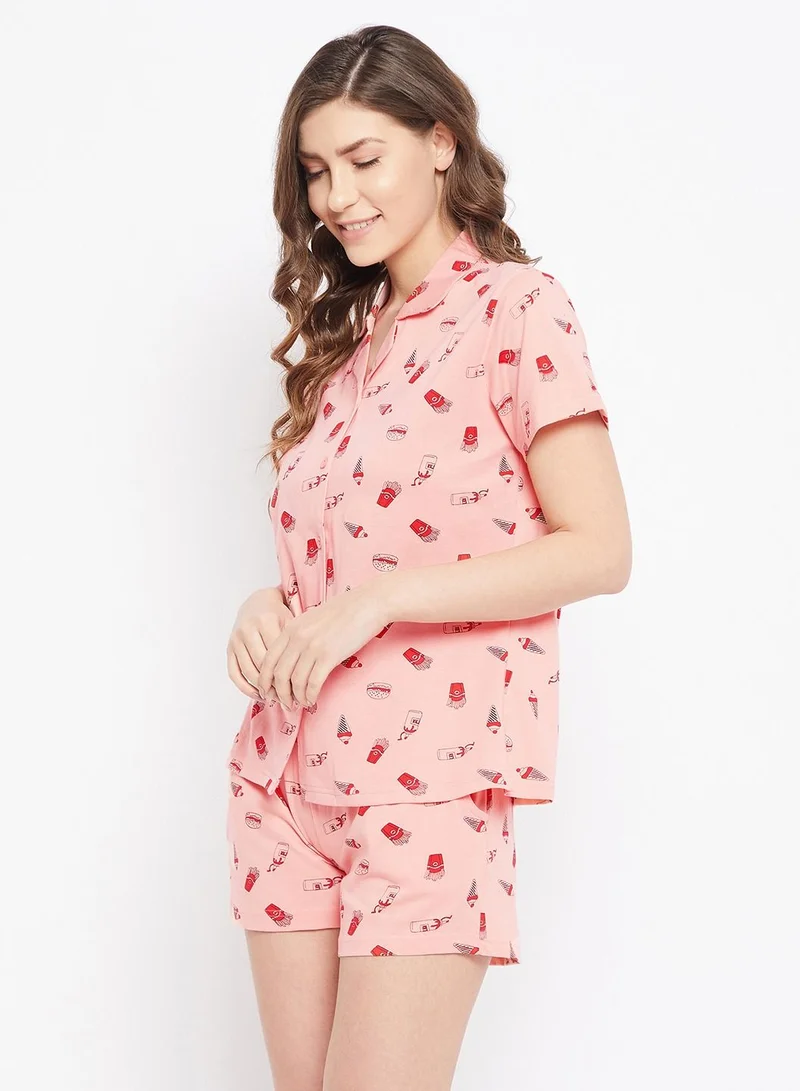 Clovia  Clovia Print Me Pretty Button Me Up Shirt And Shorts Set In Salmon Pink - 100% Cotton  | Best Price UAE