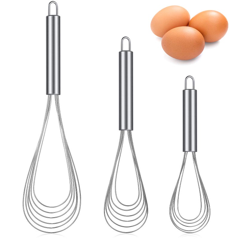 Patelai Patelai 3 Pieces Stainless Steel Kitchen Flat Whisk Set Stainless Steel Flat Wire Egg Utensils Whisk for Cooking Blending Whisking Beating8 Inch10 Inch116 Inch 