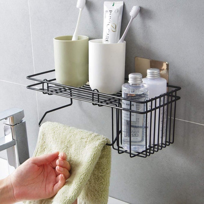 SELF ADHESIVE WALL MOUNTED KITCHEN STORAGE HANGING RACK BASKET WITH TISSUE HOLDER AND KITCHEN TOWEL HOLDER WARDROBE HANGING ORGANIZER BATHROOM STORAGE RACK BLACK