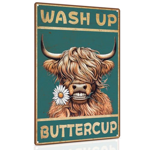 ALKB Highland Cow Sign Bathroom Wall Cow Painting for Western & Highland Cow Lovers - Funny Wash Up Sign 8 x 12 Inch - Image 1