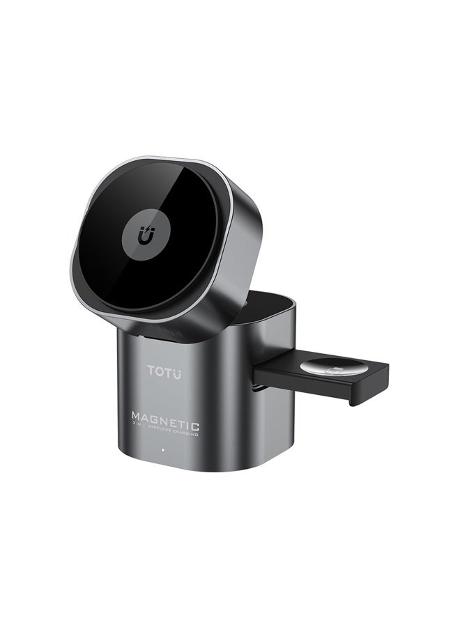 Totu 3-in-1 Magnetic Wireless Charging Station, 15W Fast Charger with Smooth Surface, 180° Touch Rotation, Sleek Foldable Design and Compatible with iPhone, Samsung, Smartwatch & Earbuds (Grey) - Image 1