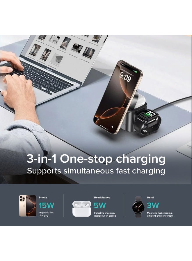 Totu 3-in-1 Magnetic Wireless Charging Station, 15W Fast Charger with Smooth Surface, 180° Touch Rotation, Sleek Foldable Design and Compatible with iPhone, Samsung, Smartwatch & Earbuds (Grey) - Image 4