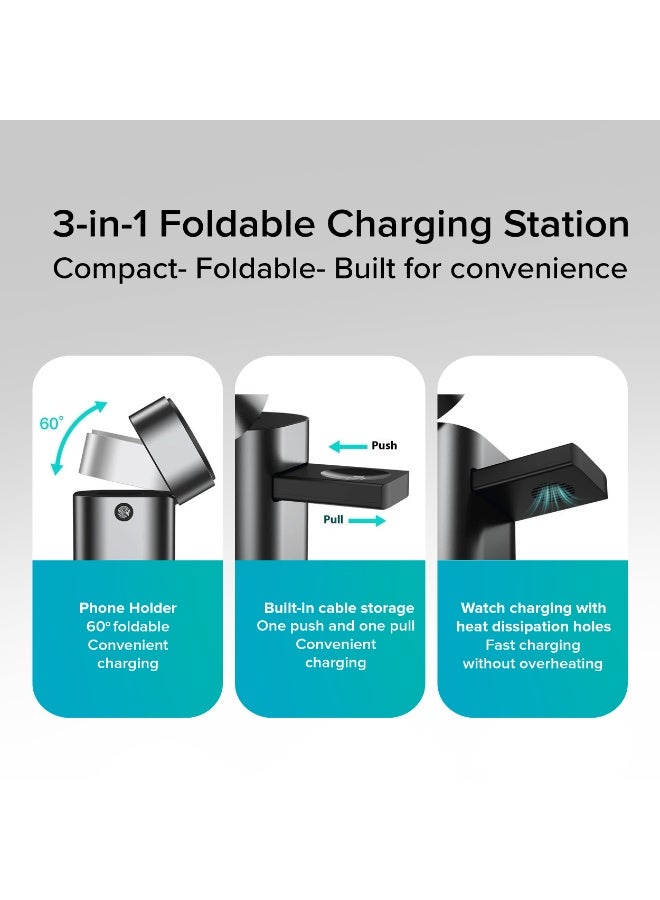 Totu 3-in-1 Magnetic Wireless Charging Station, 15W Fast Charger with Smooth Surface, 180° Touch Rotation, Sleek Foldable Design and Compatible with iPhone, Samsung, Smartwatch & Earbuds (Grey) - Image 5