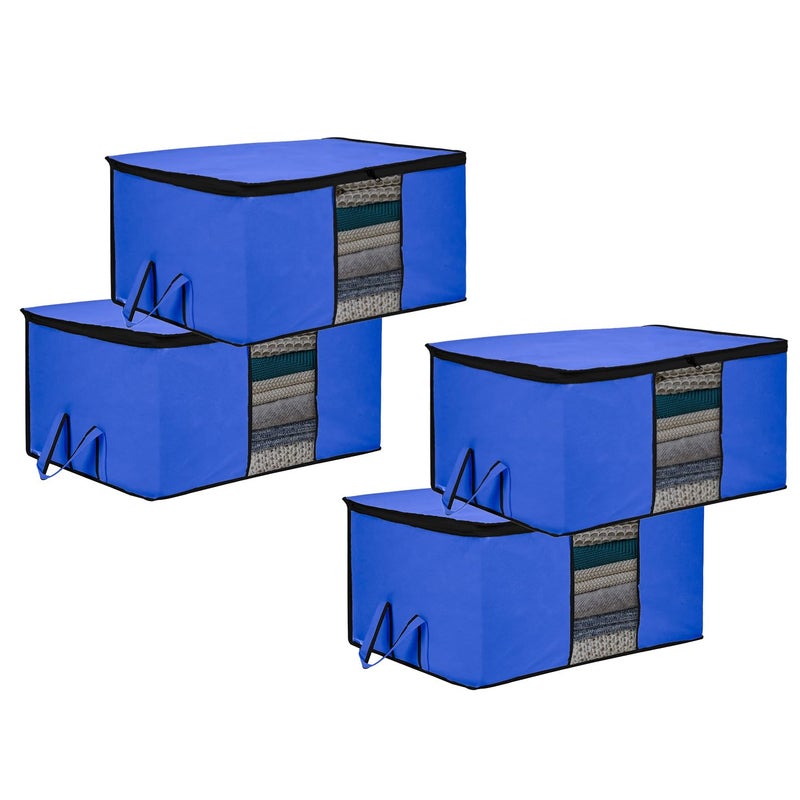 Kuber Industries Underbed Storage Bag Clothes Storage Bag Blanket Cover with Clear Window Zipper Closure Handle Cloth Organizer Plain Black Border Large Pack of 4 Blue - Image 1