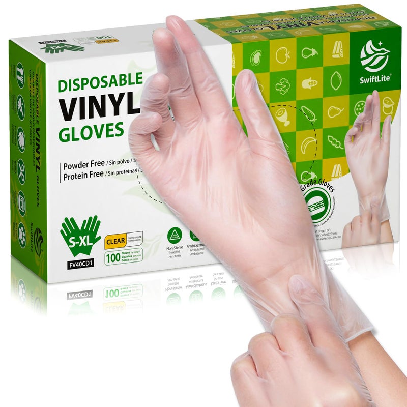 SWIFTLITE Disposable Vinyl Gloves, Food Safe, Latex-Free Powder-Free Clear Plastic Gloves for Cooking, House Clean, Food Prep (100, Small) - Image 1