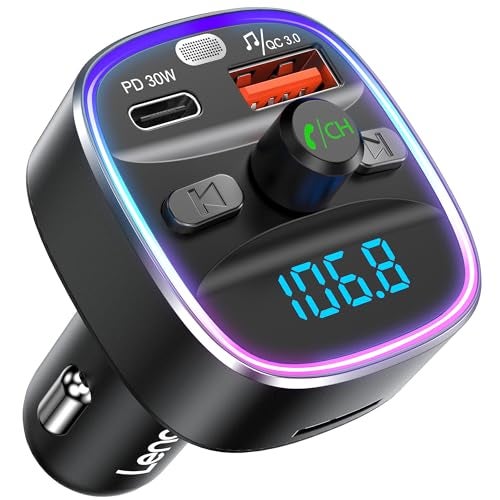 LENCENT Bluetooth 5.4 FM Transmitter Car Adapter 48W [PD 30W & 18W] [7 Color Light] [Fast Charging] Wireless Radio Music Adapter Hands-Free Calling, Support USB Drive & TF Card - Image 1