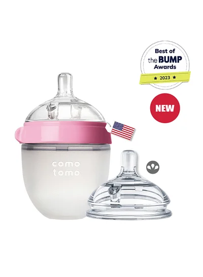 comotomo Natural Feel Baby Bottle 150 ML With Pack Of 2 Natural Teat Silicone Nipples, 3 Holes With Fast Flow, 6 Months +