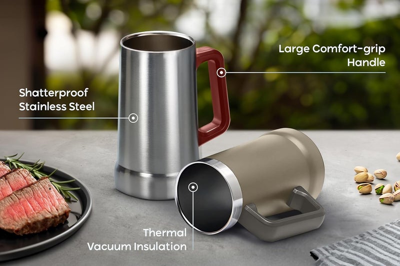 Kook Beer Stein, Stainless Steel Coffee Mug, Tumbler with Thermal Vacuum Insulation, Double Walled Drinking Cup, Large Handle, Shatterproof, Stainless Steel, 23.7 oz - Image 4